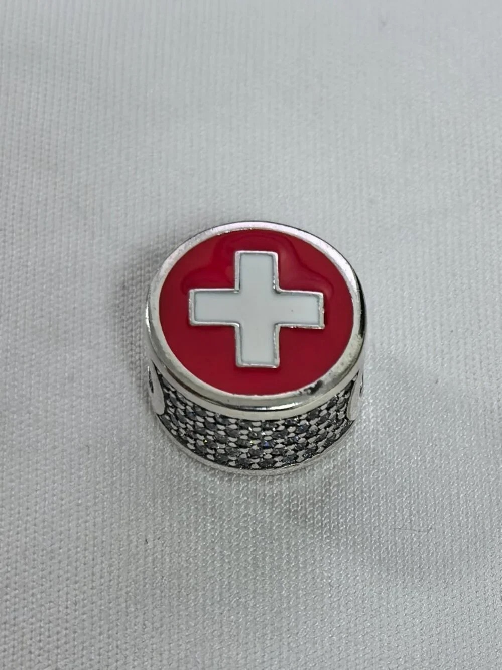 Pandora Red and White Cross Round Enamel Bead Charm